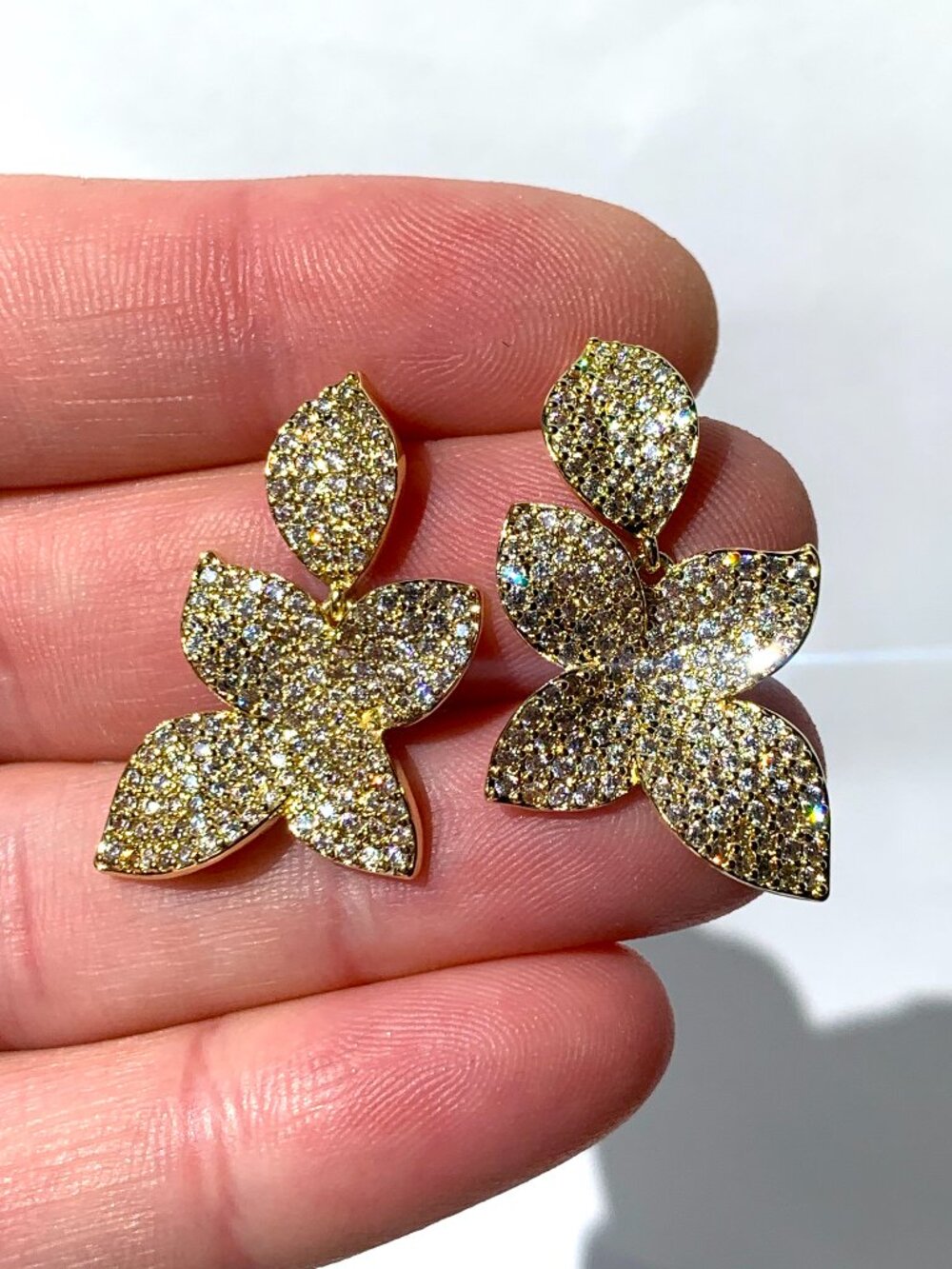 NEW ~ Anthropologie Adina Eden Gold Double Pavé Flower Drop Earrings
